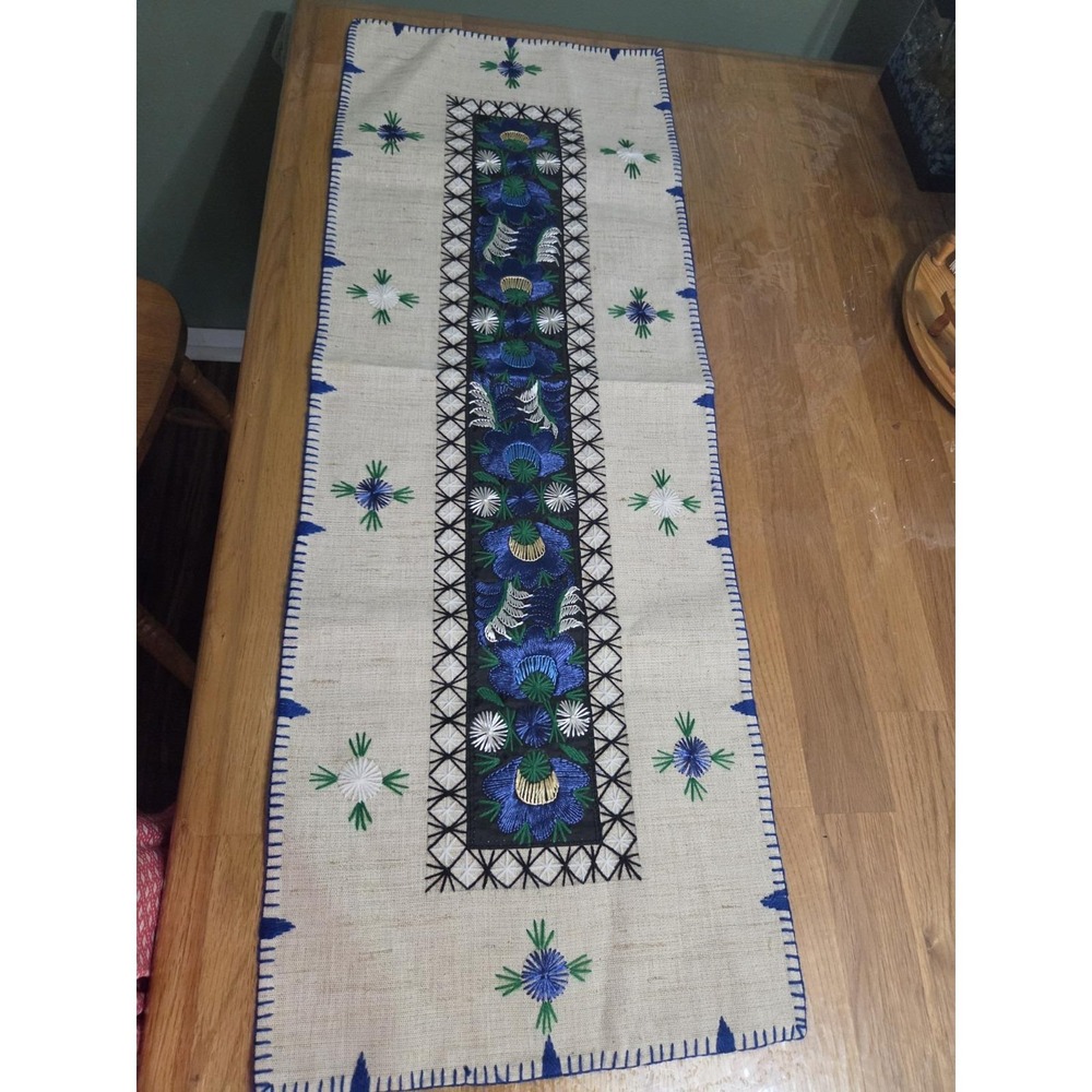 Vintage Hungarian Matyo Hand Embroidered Table Runner Blue and White